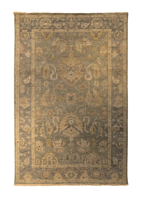 A33877 Oriental Rug Indian Handmade Area Transitional 5'6'' x 8'6'' -6x9- Green Gray Yellow Gold Floral Oushak Design