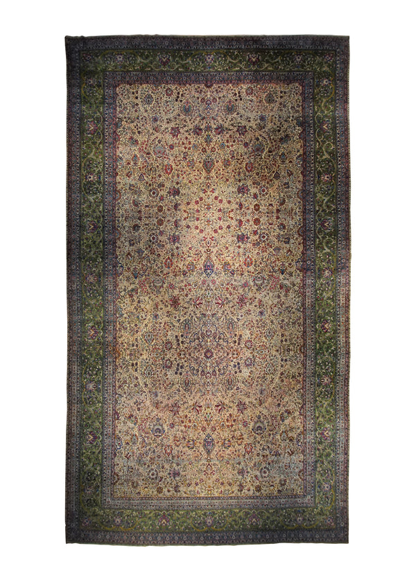 A33907 Persian Rug Lavar Kerman Handmade Area Traditional Antique 13'7'' x 23'4'' -14x23- Whites Beige Green Pink Floral Design