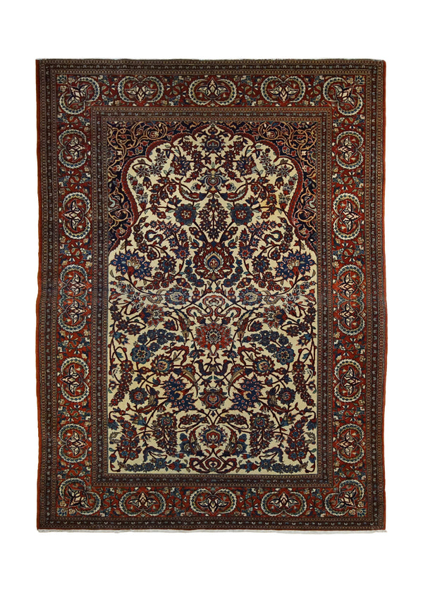A34148 Persian Rug Isfahan Handmade Area Antique Traditional 4'6'' x 7'2'' -5x7- Red Whites Beige Prayer Rug Floral Design