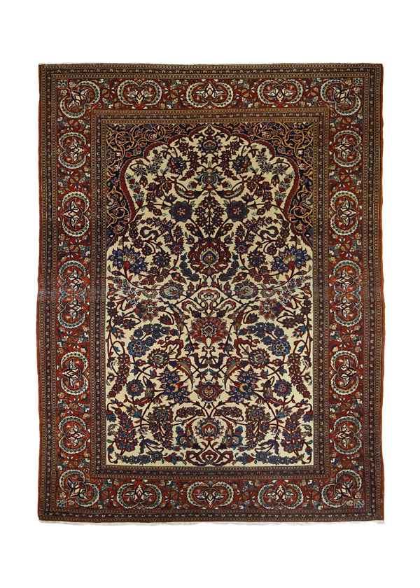 A34149 Persian Rug Isfahan Handmade Area Antique Traditional 4'5'' x 6'9'' -4x7- Red Whites Beige Prayer Rug Floral Design