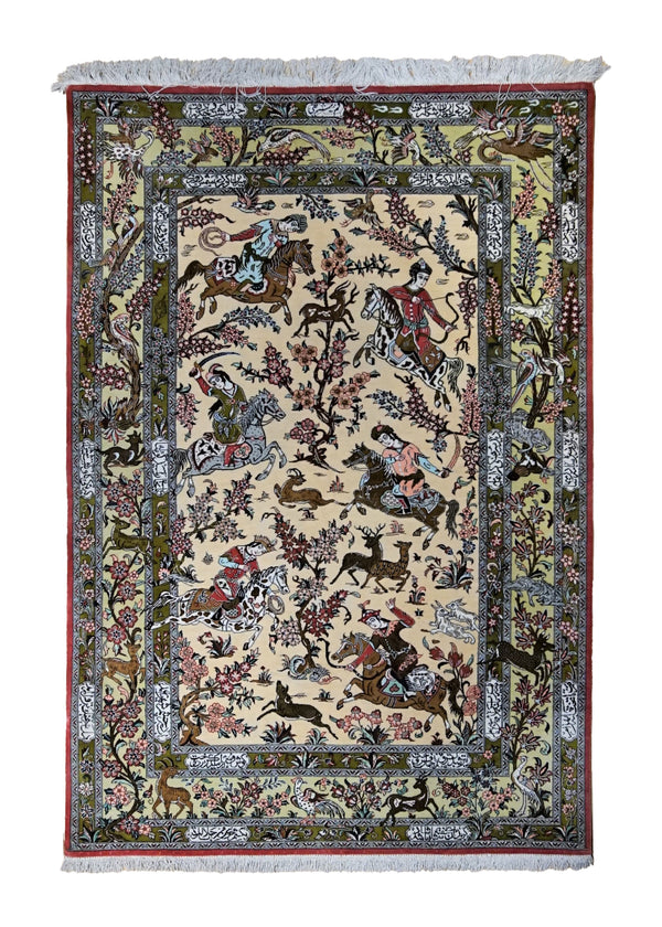 A34365 Persian Rug Qum Handmade Area Traditional 3'4'' x 4'10'' -3x5- Whites Beige Green Pictorial Hunting Design