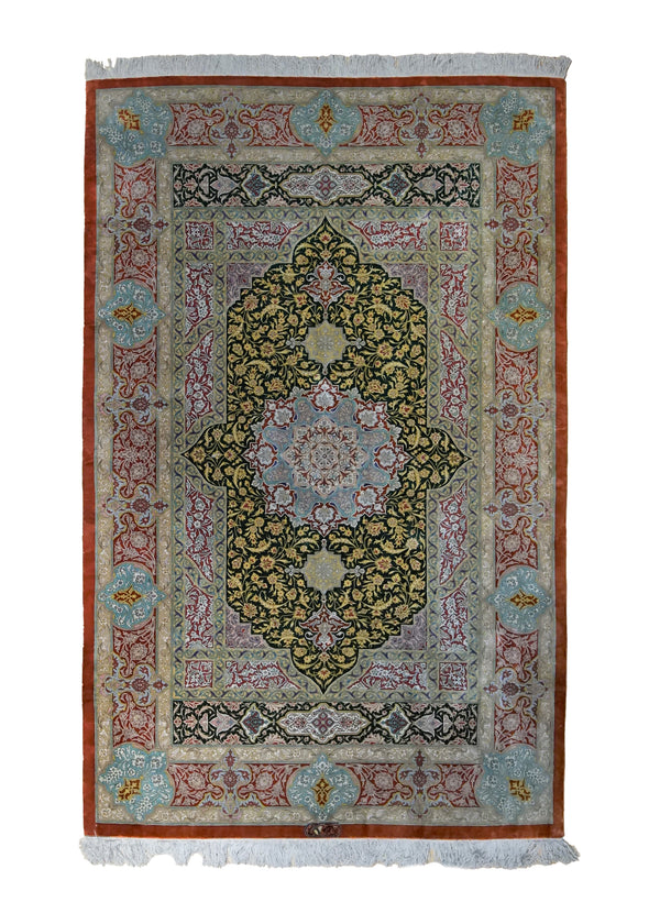 A34393 Persian Rug Qum Handmade Area Traditional 4'1'' x 6'7'' -4x7- Red Green Floral Design