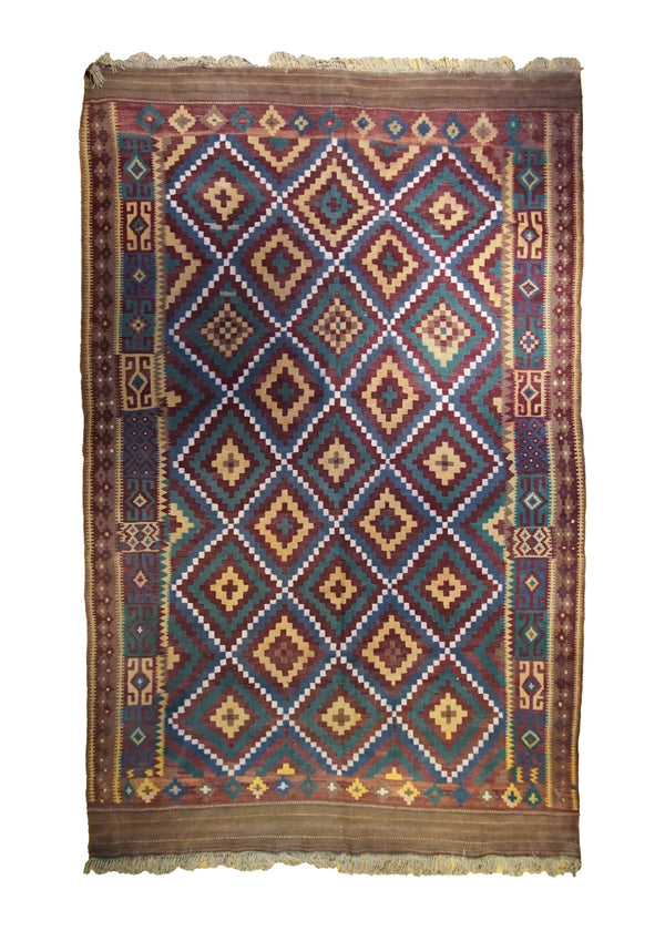 A34400 Oriental Rug Afghan Handmade Area Tribal Vintage 8'11'' x 13'9'' -9x14- Green Blue Red Kilim Geometric Design