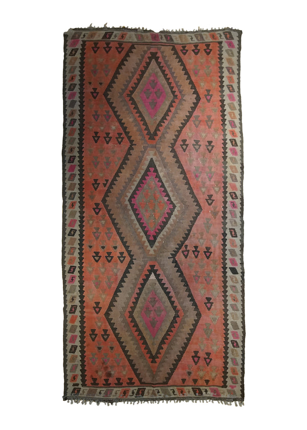 A34401 Oriental Rug Turkish Handmade Area Tribal Vintage 4'6'' x 8'8'' -5x9- Pink Kilim Geometric Design