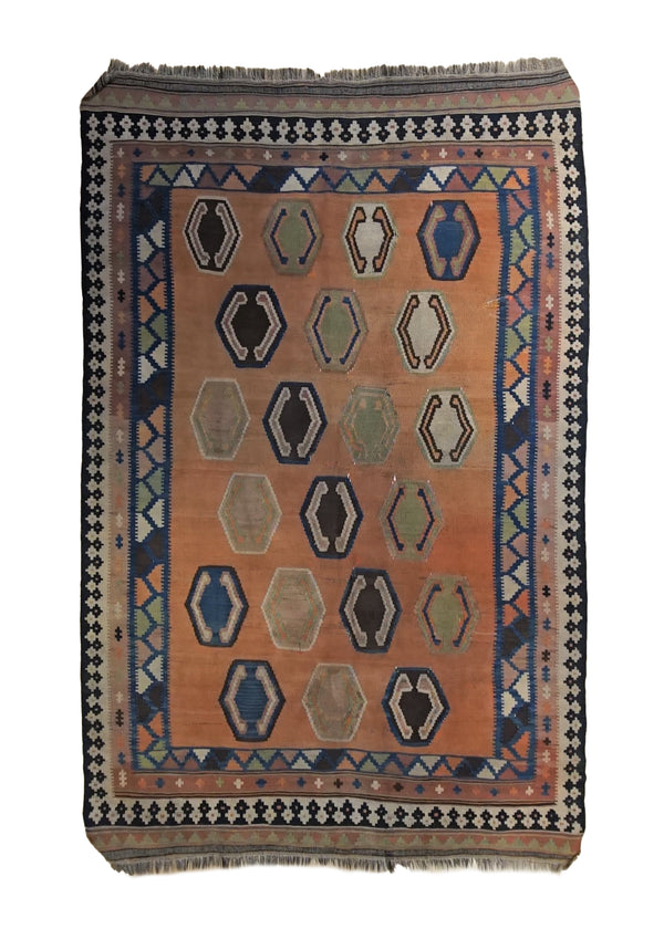 A34402 Oriental Rug Turkish Handmade Area Tribal Vintage 4'10'' x 7'7'' -5x8- Orange Kilim Geometric Design