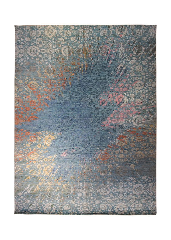 A34414 Oriental Rug Indian Handmade Area Transitional 8'11'' x 11'9'' -9x12- Gray Multi-color Abstract Erased Design