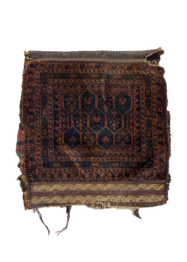 A34427 Persian Rug Baloch Handmade Saddle Antique Tribal 1'9'' x 1'11'' -2x2- Brown Blue Saddle Bag Geometric Design