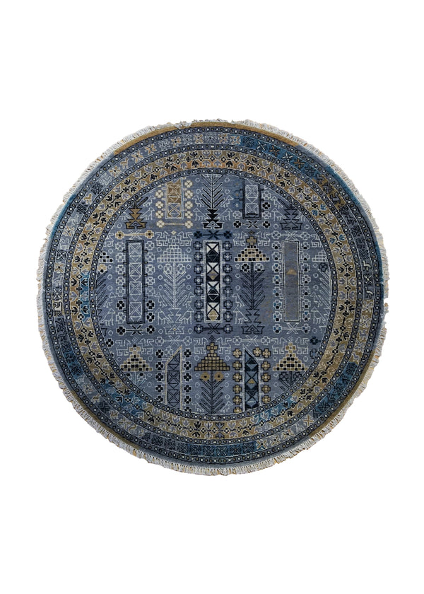 A34567 Oriental Rug Indian Handmade Round Transitional Tribal 5'3'' x 5'3'' -5x5- Blue Geometric Design
