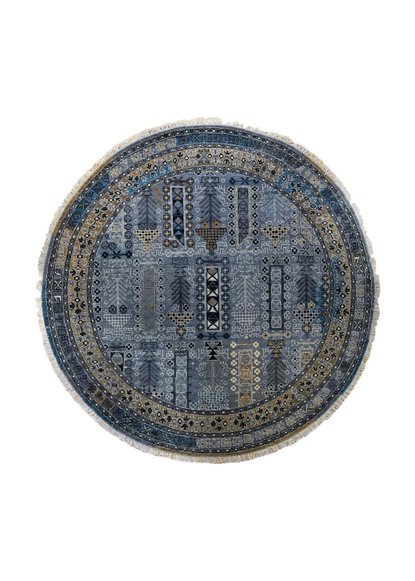 A34575 Oriental Rug Indian Handmade Round Transitional Tribal 6'0'' x 6'0'' -6x6- Blue Geometric Design