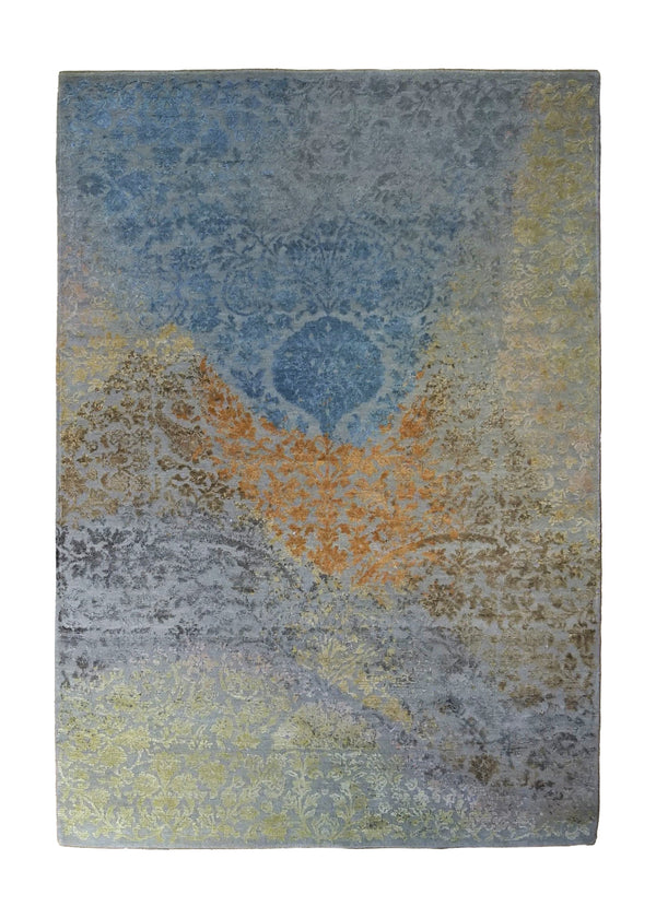 A34579 Oriental Rug Indian Handmade Area Transitional 4'2'' x 6'1'' -4x6- Blue Orange Abstract Design