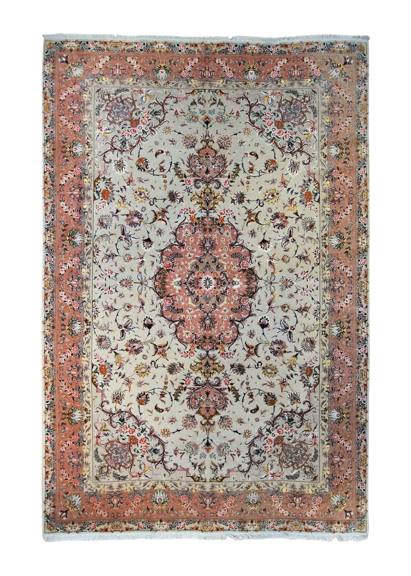 A34601 Persian Rug Tabriz Handmade Area Traditional 6'5'' x 10'0'' -6x10- Whites Beige Pink Floral Naghsh Design
