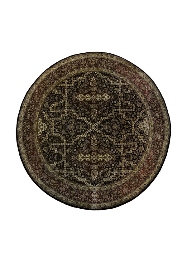 A34646 Oriental Rug Indian Handmade Round Transitional 6'10'' x 6'10'' -7x7- Black Red Floral Design