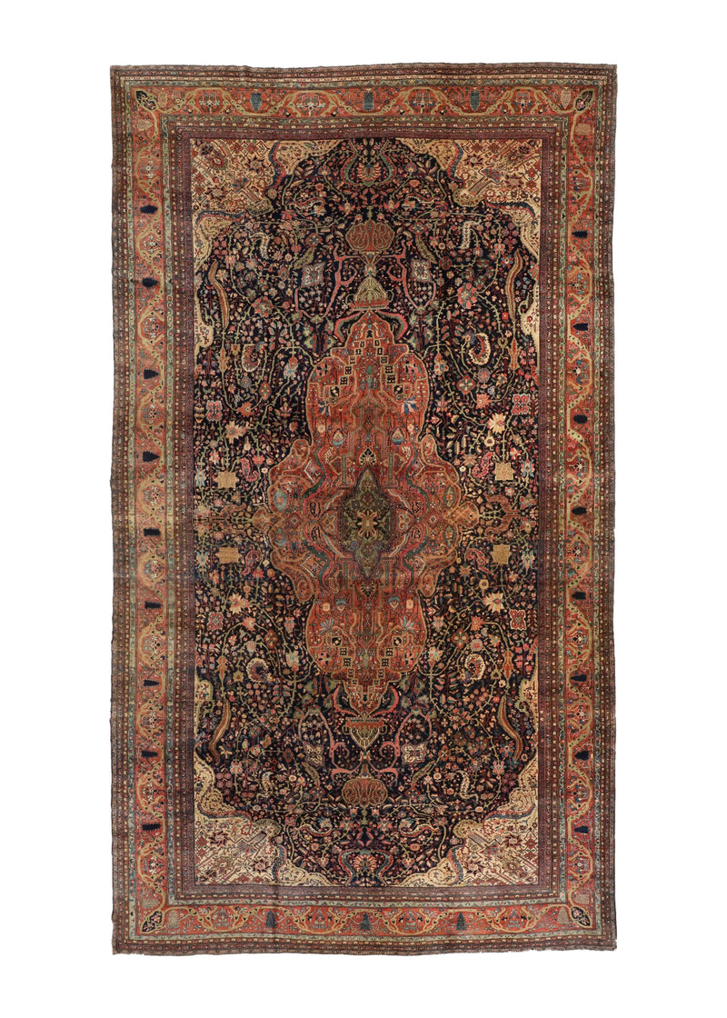 A34747 Persian Rug Sarouk Handmade Area Antique Traditional 14'2'' x 25'5'' -14x25- Red Blue Floral Design