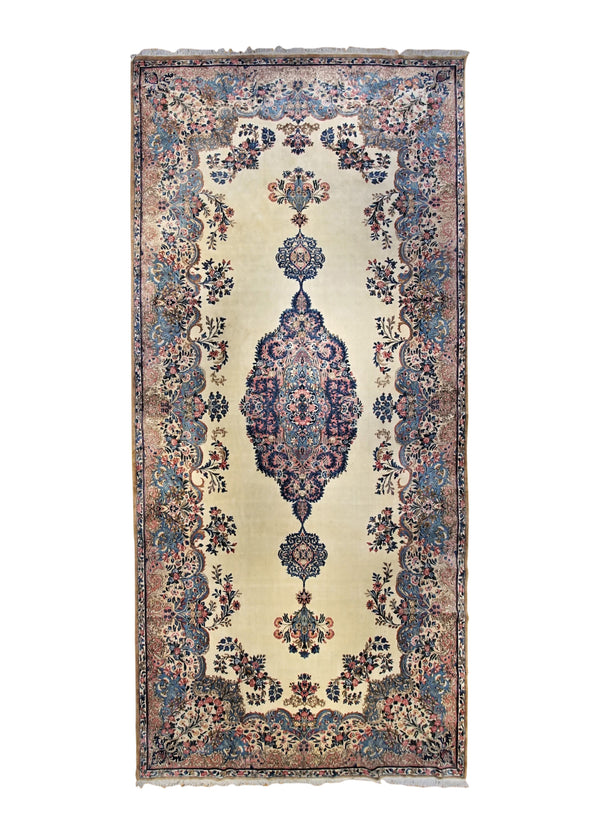 A34804 Persian Rug Kerman Handmade Area Antique Traditional 9'11'' x 21'10'' -10x22- Pink Whites Beige Open Floral Design