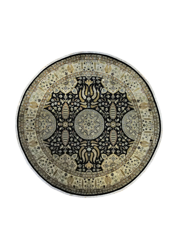 A34834 Oriental Rug Indian Handmade Round Transitional 8'11'' x 8'11'' -9x9- Yellow Gold Black Tea Washed Floral Design