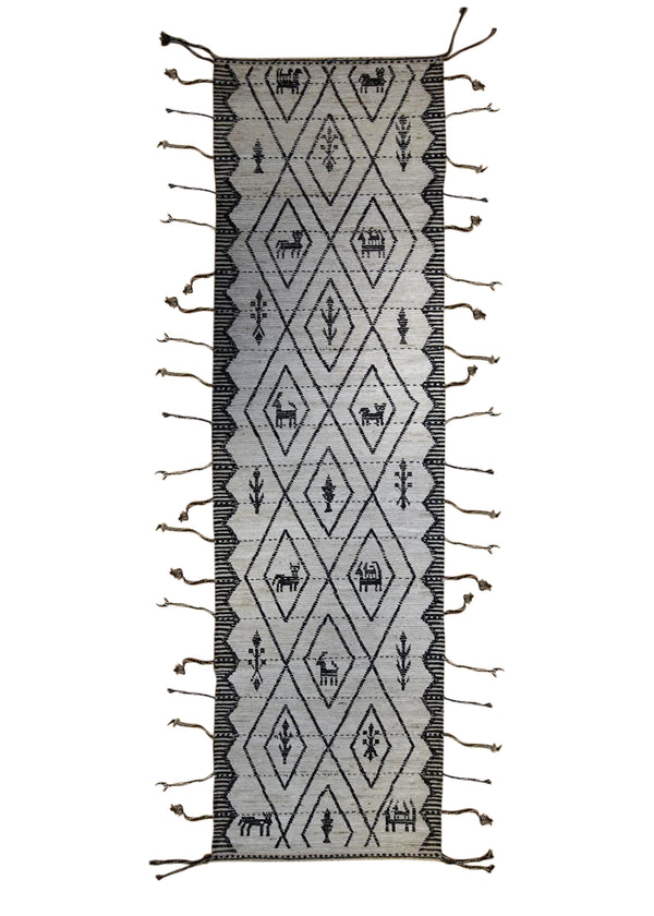 A34873 Oriental Rug Afghan Handmade Runner Transitional 3'8'' x 12'9'' -4x13- Whites Beige Brown Geometric Moroccan Design