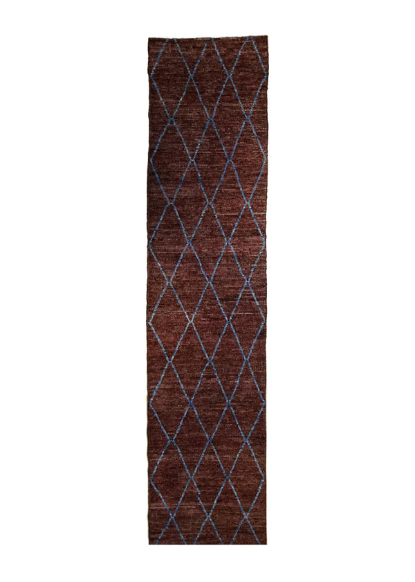 A34874 Oriental Rug Afghan Handmade Runner Transitional 3'0'' x 15'11'' -3x16- Brown Blue Geometric Moroccan Design