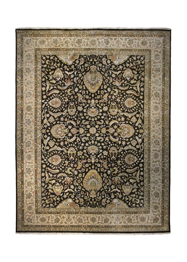 A34899 Oriental Rug Indian Handmade Area Transitional 8'11'' x 11'8'' -9x12- Black Green Floral Design