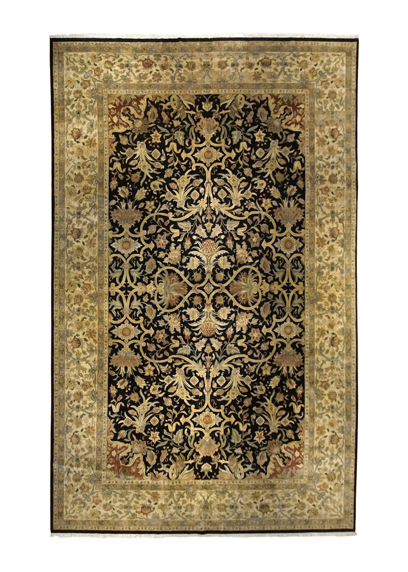 A34988 Oriental Rug Indian Handmade Area Transitional 14'2'' x 21'6'' -14x22- Black Yellow Gold Tea Washed Floral Jaipur Design