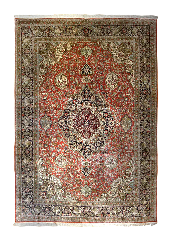 A34999 Persian Rug Qum Handmade Area Traditional 11'3'' x 16'1'' -11x16- Red Green Floral Animals Design