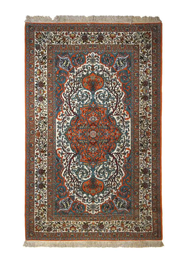 A35015 Persian Rug Isfahan Handmade Area Traditional 3'8'' x 6'2'' -4x6- Orange Blue Floral Design