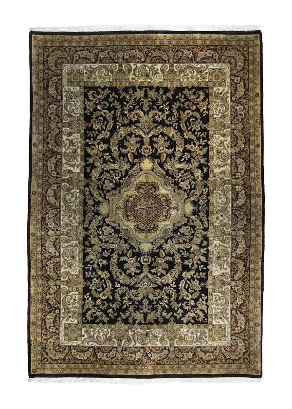 A35081 Oriental Rug Indian Handmade Area Traditional 5'11'' x 8'11'' -6x9- Yellow Gold Black Tea Washed Floral Jaipur Design