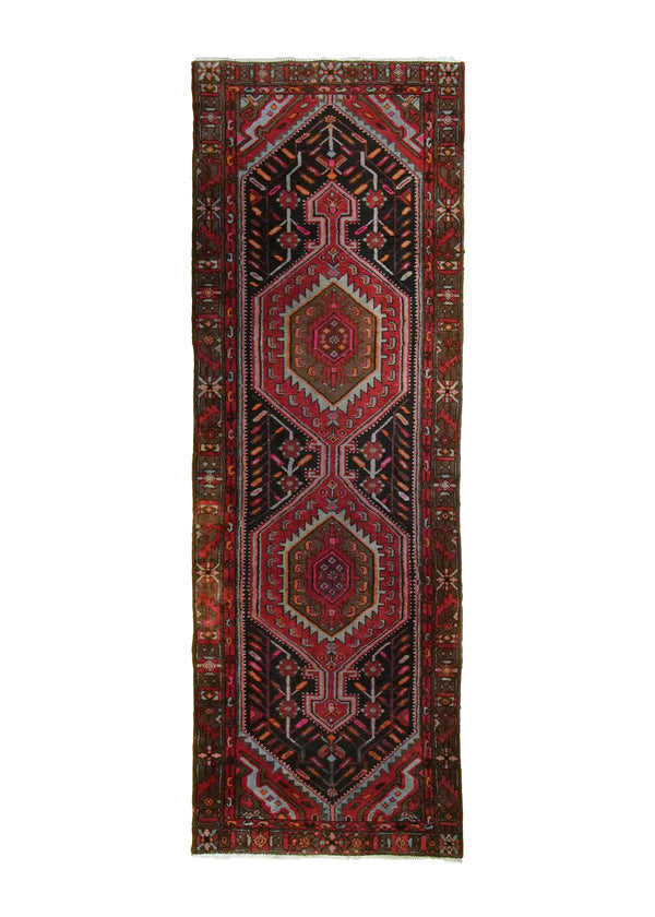 A35121 Persian Rug Azerbaijan Handmade Runner Tribal Vintage 3'6'' x 10'5'' -4x10- Red Geometric Design