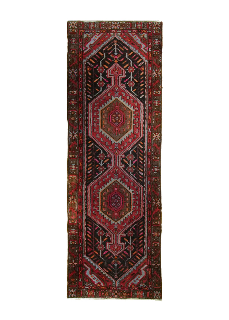 A35121 Persian Rug Azerbaijan Handmade Runner Tribal Vintage 3'6'' x 10'5'' -4x10- Red Geometric Design