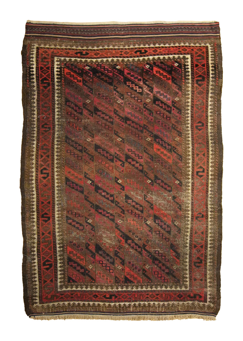 A35128 Persian Rug Baloch Handmade Area Antique Tribal 2'11'' x 4'0'' -3x4- Red Geometric Vintage Design