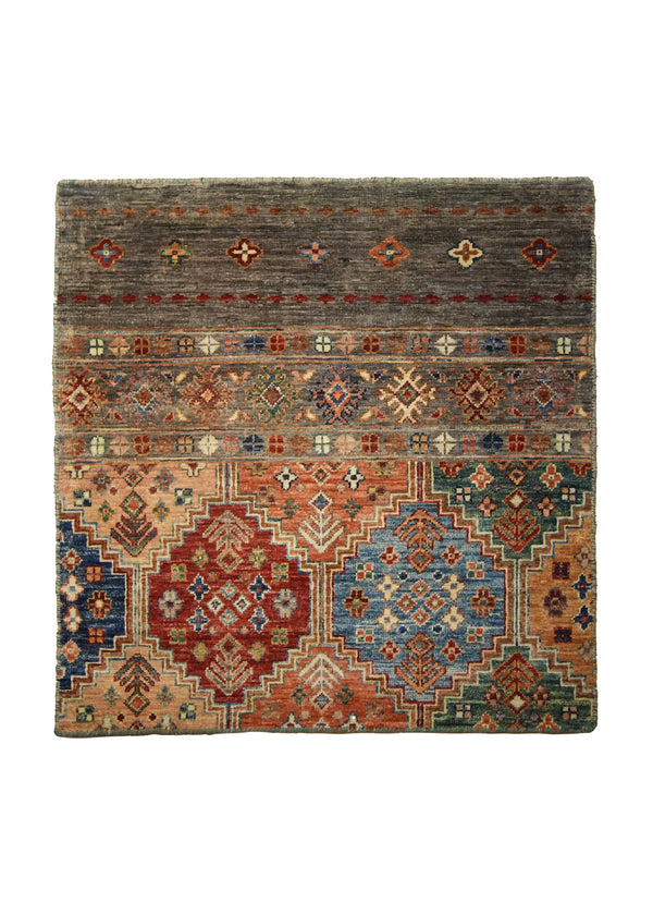 A35154 Oriental Rug Pakistani Handmade Square Transitional Tribal 2'6'' x 2'7'' -3x3- Multi-color Panel Partition Design